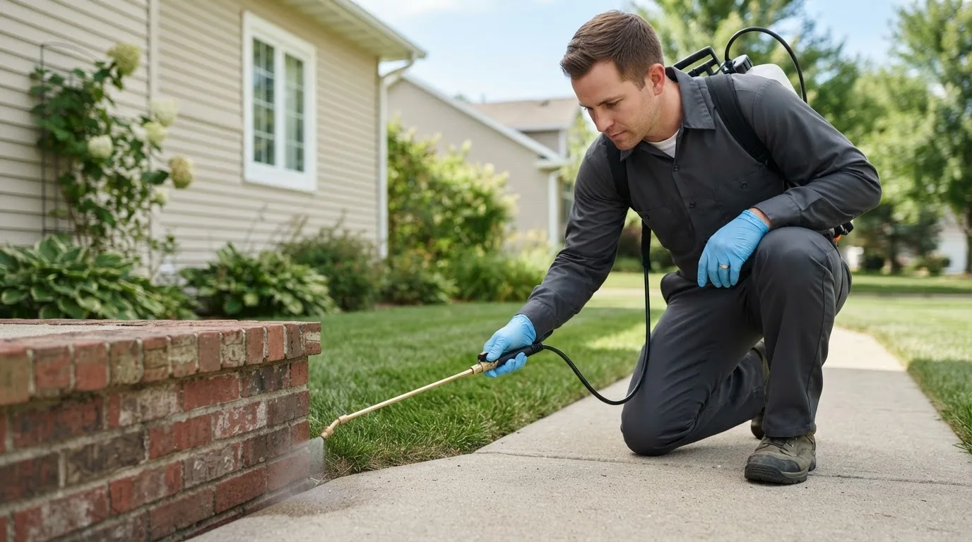 Pest control technician treating a home near Windsor, OH